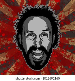 The face of a screaming man in the style of "pop art" on a bloodstained background.