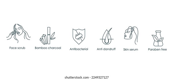 face scrub, bamboo charcoal, antibacterial, anti dandruff, skin serum, paraben free icon set vector illustration 