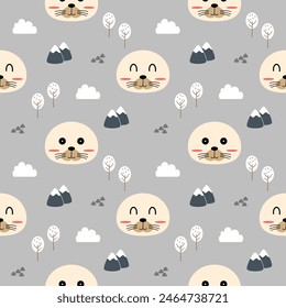 Face seal smile cartoon so cute. On mountain cloud tree gray background. Pattern seamless vector illustration. 
