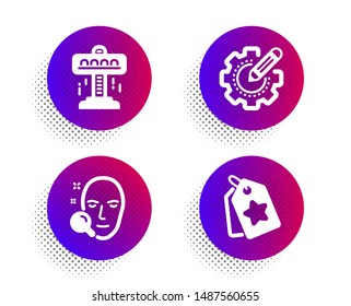 Face search, Attraction and Settings gear icons simple set. Halftone dots button. Loyalty tags sign. Find user, Free fall, Technology process. Bonus reward. Business set. Vector