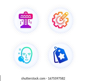Face search, Attraction and Settings gear icons simple set. Button with halftone dots. Loyalty tags sign. Find user, Free fall, Technology process. Bonus reward. Business set. Vector