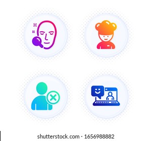 Face search, Delete user and Cooking chef icons simple set. Button with halftone dots. Smile sign. Find user, Remove profile, Sous-chef. Laptop feedback. People set. Vector