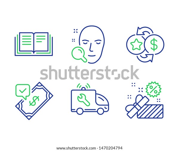 Face search,\
Loyalty points and Car service line icons set. Accepted payment,\
Education and Sale signs. Find user, Change dollar, Repair service.\
Bank transfer. Business set.\
Vector