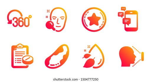 Face search, Loyalty star and Water drop line icons set. Medical prescription, Full rotation and Communication signs. Brazil nut, Face id symbols. Find user, Bonus reward. Business set. Vector