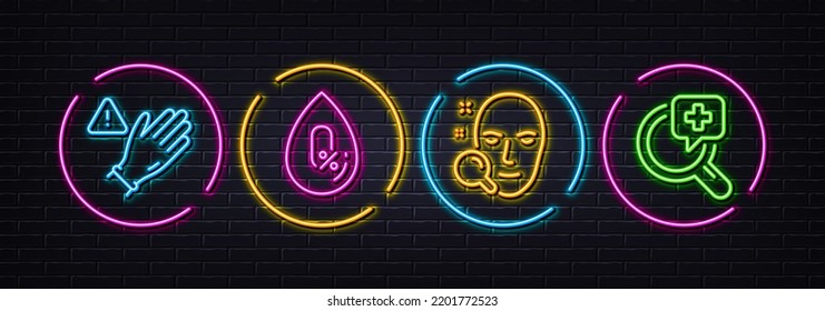 Face search, No alcohol and Use gloves minimal line icons. Neon laser 3d lights. Medical analyzes icons. For web, application, printing. Find user, Mineral oil, Gloves alert. Medicine. Vector
