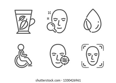 Face search, Problem skin and Mint leaves icons simple set. Leaf dew, Disabled and Face detection signs. Find user, Facial care. Healthcare set. Line face search icon. Editable stroke. Vector