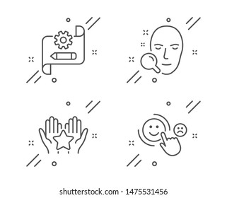 Face Search, Ranking And Cogwheel Blueprint Line Icons Set. Customer Satisfaction Sign. Find User, Hold Star, Edit Settings. Happy Smile. Business Set. Line Face Search Outline Icon. Vector