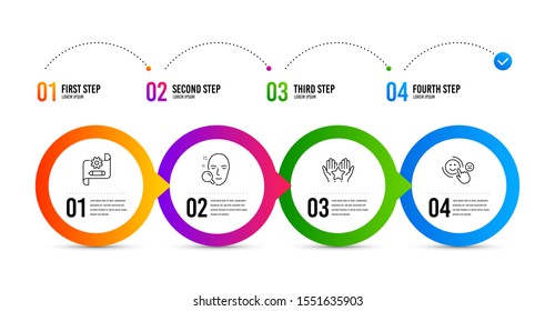 Face search, Ranking and Cogwheel blueprint line icons set. Timeline infographic. Customer satisfaction sign. Find user, Hold star, Edit settings. Happy smile. Business set. Face search icon. Vector