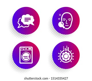 Face search, Text message and Laundry icons simple set. Halftone dots button. Gear sign. Find user, Chat bubble, Washing machine. Work process. Technology set. Classic flat face search icon. Vector