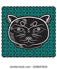 face of serious black cat on green spiral background. can be used for printing on T-shirts, flyers and stuff. vector illustration