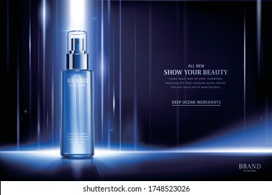 Face serum ad template, pump dispenser bottle on futuristic indigo light ray background, 3d illustration