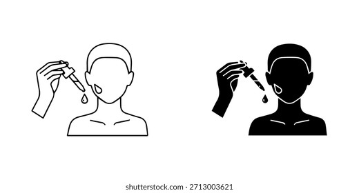 Face serum application icon person applying liquid to skin with a dropper, symbolizing skincare and beauty