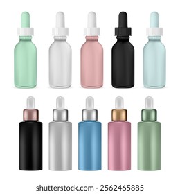 Face serum eyedropper bottle, matt glass jar vector mockup. Essential aroma oil flacon template. Pipette dropper moisturizer treatment vial with green, silver and golden cap. Face care cosmetic