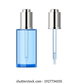 Face serum realistic glass bottle with button dropper metal cap. Blank cosmetics template. Blue skin care liquid. Mock up vector illustration isolated on white background.