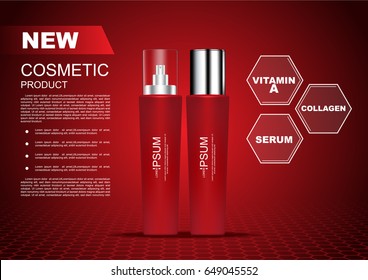 Face serums with ingredients in hexagons on red background