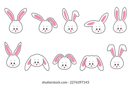 face set of a cute white rabbit. Kawaii bunny ear emoji, or bunny emoticon. symbol of a rabbit. Expression of a funny animal cartoon figure. outline in a vector illustration