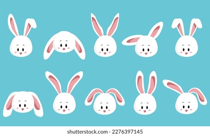 conjunto de caras de un lindo conejo blanco. Kawaii conejer emoticono de oído, o emoticono de conejito. símbolo de un conejo. Expresión de una graciosa figura de dibujos animados de animales. esquema en una ilustración vectorial