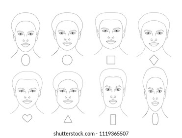 Face shapes guide for make up artist school.  Blank faces without make up vector illustration. Individual of different face shapes. Make up, hair and  eyewear fitting guide.