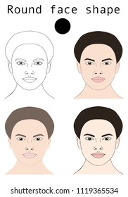 Face shapes guide for make up artist school.  Blank faces without make up vector illustration. Individual of different face shapes. Make up, eyewear fitting guide. Round  woman face set vector
