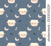 Face sheep cartoon so cute. On moon star flower blue background. Pattern seamless vector illustration. 
