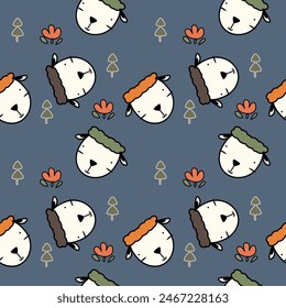 Face sheep cartoon so cute. On flower tree blue background. Pattern seamless vector illustration. 
