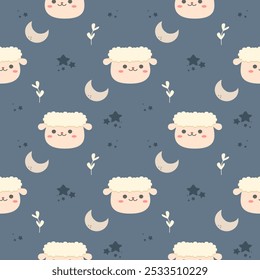 Face sheep cartoon so cute. On moon star flower blue background. Pattern seamless vector illustration. 
