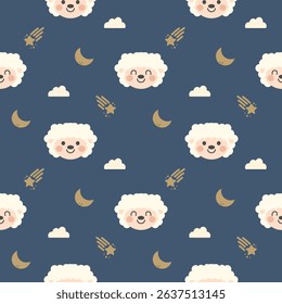 Face sheep cartoon so cute. On moon cloud meteor blue background. Pattern seamless vector illustration. 