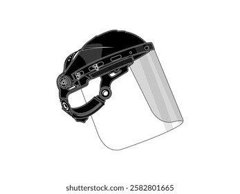 Face shield cap icon illustration design with, with face cover visor, safety equipment to protect face and head area, realistic icon vector in black and white style