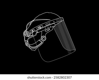 Face shield cap icon illustration design with, with face visor, safety equipment for protecting face and head area, realistic vector icon with white outline isolated on black background