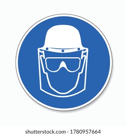 Face Shield, head protection and eye protection glasses must be worn, mandatory sign or safety sign, on white background. Vector illustration. Eps 10 vector file.
