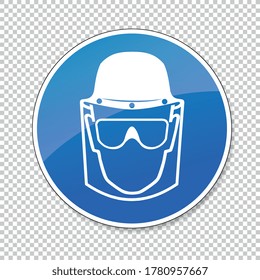 Face Shield, head protection and eye protection glasses must be worn, mandatory sign or safety sign, on checked transparent background. Vector illustration. Eps 10 vector file.