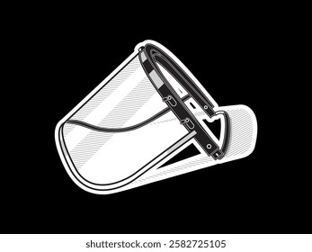 Face shield icon illustration design with transparent visor, protecting face from various external threats or exposure to harmful substances, black and white sticker style vector on black background