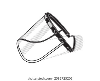 Face shield icon illustration design with transparent visor, protecting face from various external threats or exposure to harmful substances, black and white icon vector on white background