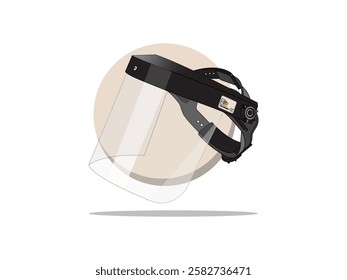 Face shield icon illustration design with adjustable size, has transparent clear visor and frame part with foam layer, vector floating icon isolated round shape background