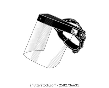 Face shield icon illustration design with adjustable size, has transparent clear visor and frame part with foam layer, realistic icon vector in black and white style
