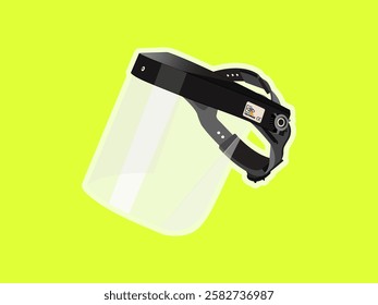 Face shield icon illustration design with adjustable size, has transparent clear visor and frame part with foam lining, realistic icon vector with sticker style on yellow background