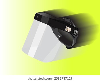 Face shield icon illustration design with adjustable size, has transparent clear visor and frame part with foam lining, realistic icon vector with shadow and gradient yellow background
