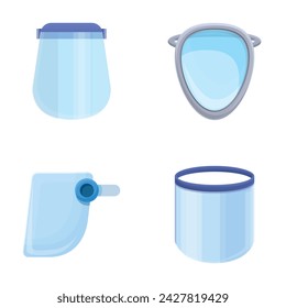 Face shield icons set cartoon vector. Clear safety shield screen mask for face. Personal protective equipment