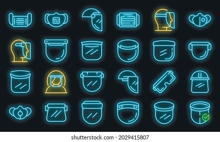 Face shield icons set. Outline set of face shield vector icons neon color on black