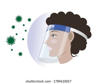 Face shield, Medical mask, Woman wears full face shield to protect coronavirus pandemic, Vector illustration in white background