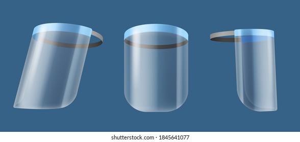 Escudo facial. Protector realista transparente ángulos diferentes pantalla facial, accesorio de prevención de infecciones, protección médica de la cabeza, barrera antibacteriana, paro propagación Covid-19 3d conjunto aislado vector