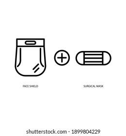 Face shield and Surgical mask. Line vector. Isolate on white background.