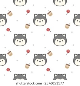 Face Siberian husky cartoon so cute. On drinks lollipop white background. Pattern seamless vector illustration. 
