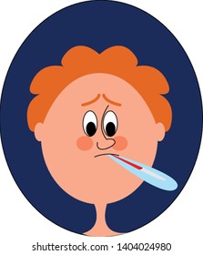 Das Gesicht eines kranken Cartoon-Jungen mit seinem orangefarbenen Haar hat ein Thermometer in seinem Mund und mit gekreuzten Augen betrachtet die Temperatur, die hoch, Vektorgrafik, Farbzeichnung oder Illustration gipfelt.
