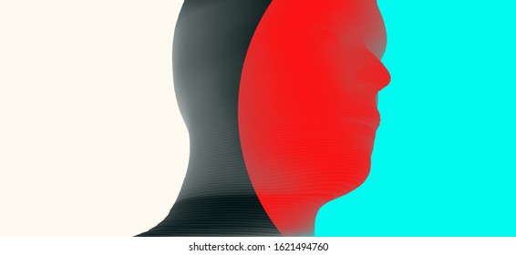 Face side view. Abstract human head silhouette with color gradient. Minimalistic design for business presentations, flyers or posters. 3d vector illustration.