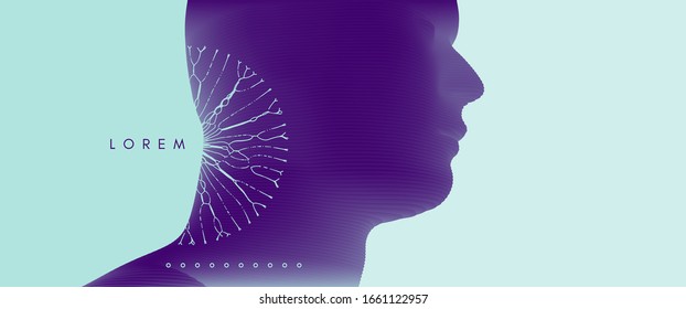 Face side view. Abstract human head silhouette with color gradient. Minimalistic design for business presentations, flyers or posters. 3d vector illustration.