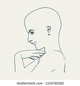 Face side view. Elegant outline silhouette of a female head. Portrait of a happy woman raising her hand to face