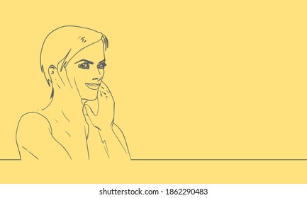 Vista lateral de cara. Silueta elegante de contorno de una cabeza femenina. Retrato de una mujer feliz levantando la mano a la cara