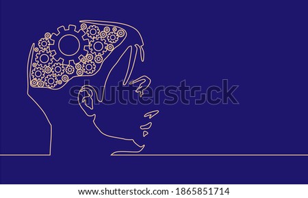Face side view. Elegant outline silhouette of a female head. Portrait of a happy woman raising her hand to face. Mental health relative design template. Gears group as a symbol of a brains.