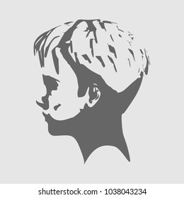 Face side view. Elegant silhouette of a female head. Short hair. Monochrome gamma.